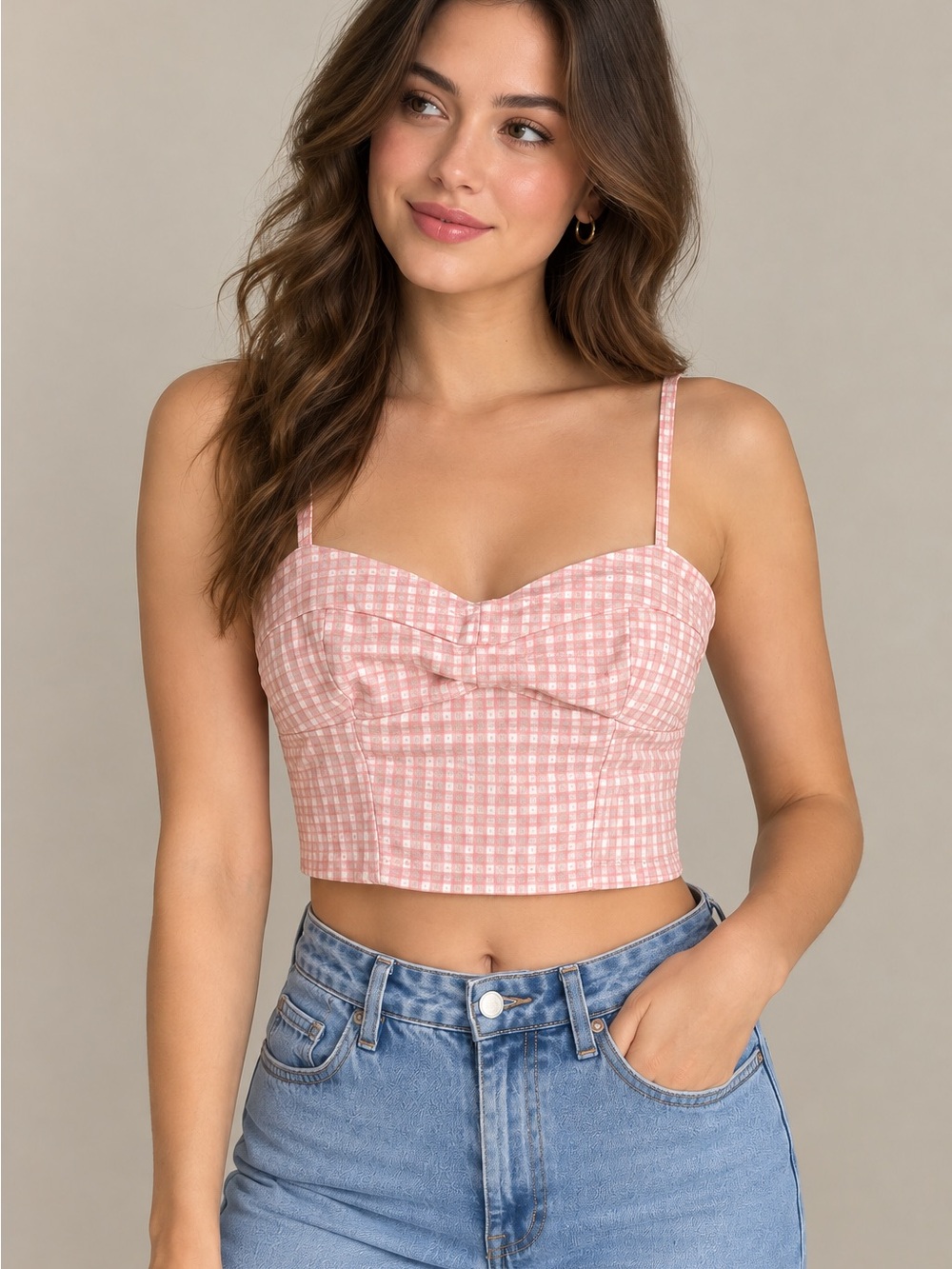 Pink Coquette Checked Cropped Cami Top Barbie Barbiecore